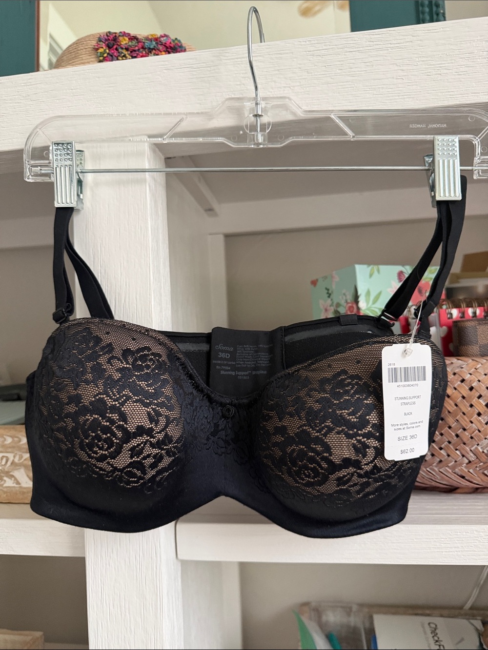 NWT. Soma Black Lace Strapless/Convertible Underwire Bra/Nude Lining. Size 36D